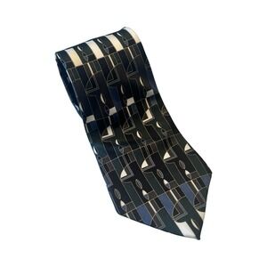 Conte di Milano Mens Silk Tie Navy Blue Grey White Geometric Abstract Made Italy